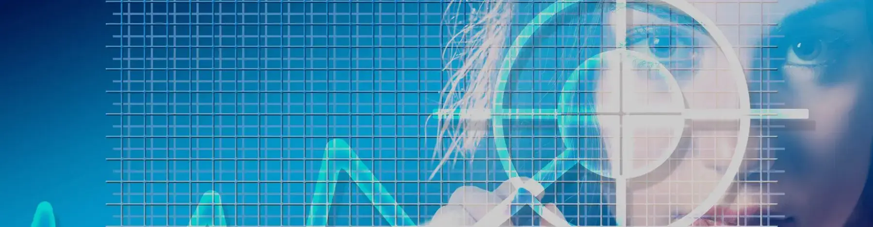 Abstract graphic of a woman’s face overlaid with a target reticle and line graph, representing data analytics.