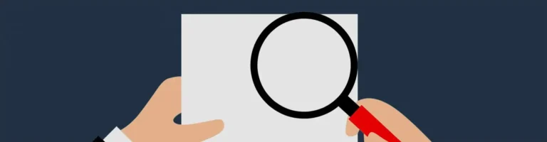 Illustration of hands examining a document with a magnifying glass.