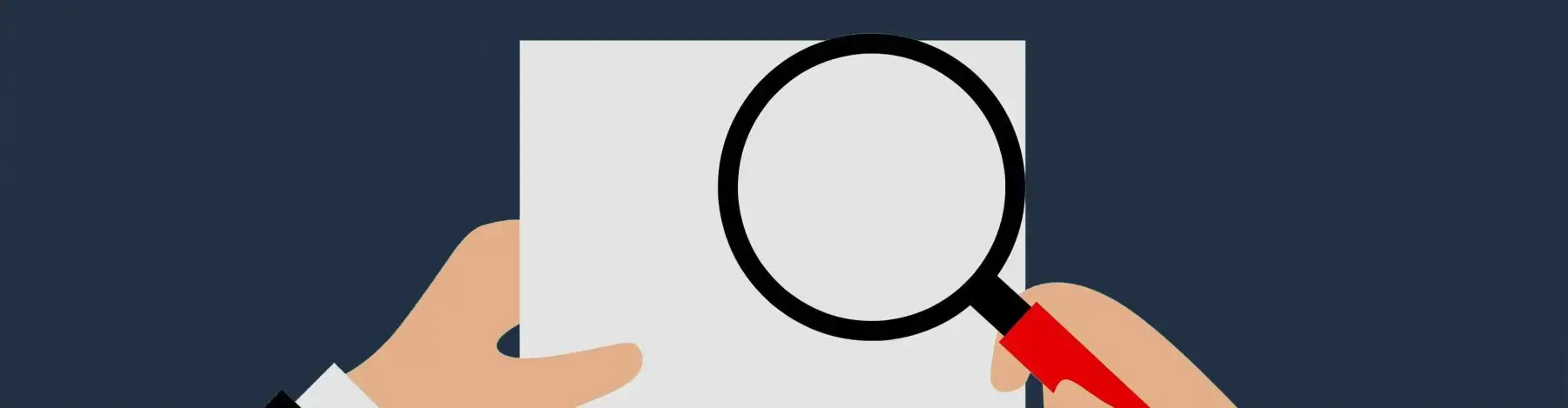Illustration of hands examining a document with a magnifying glass.