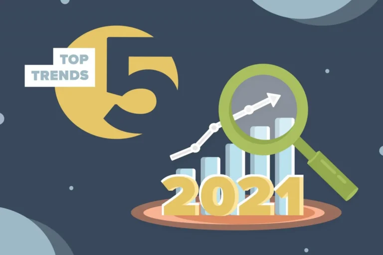 Illustrated graphic for the top 5 trends of 2021, with a magnifying glass over a rising bar chart.