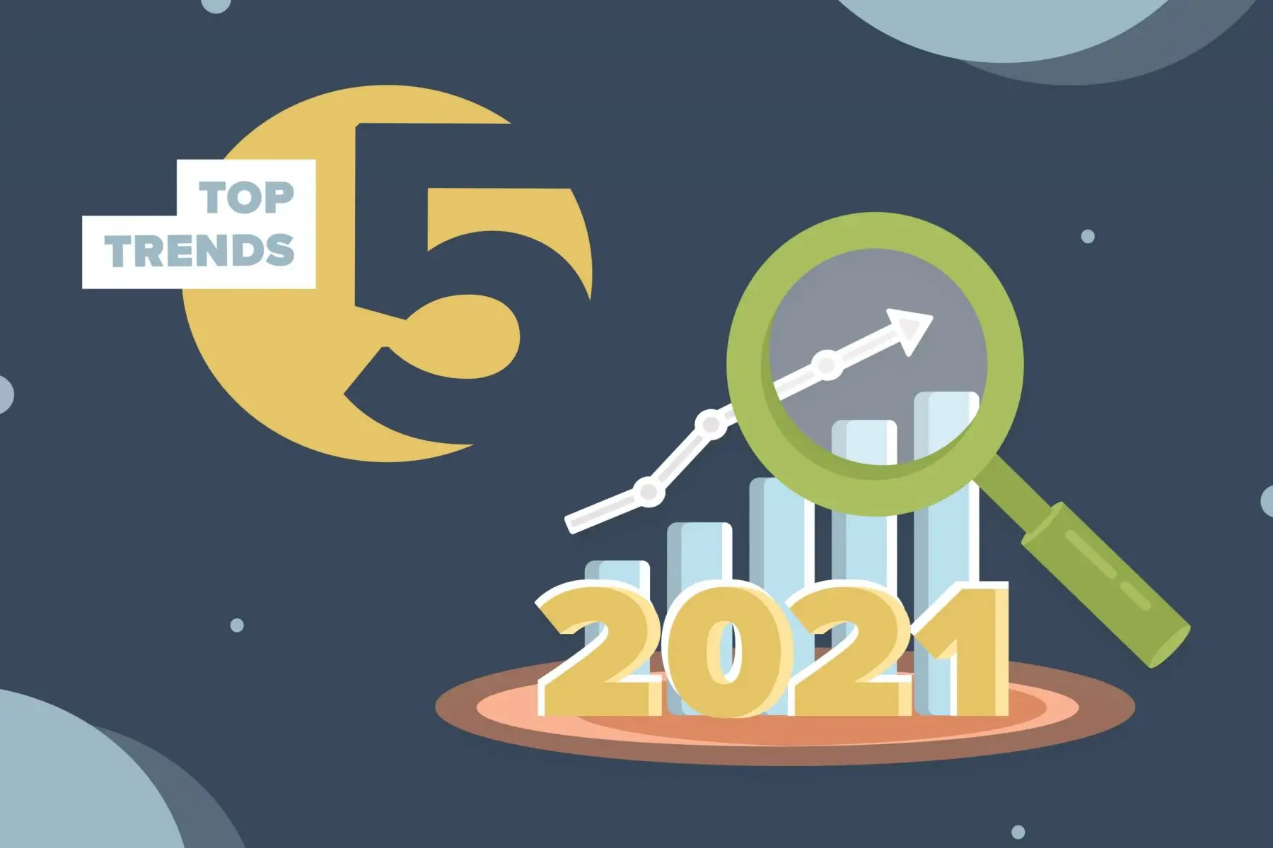 Illustrated graphic for the top 5 trends of 2021, with a magnifying glass over a rising bar chart.
