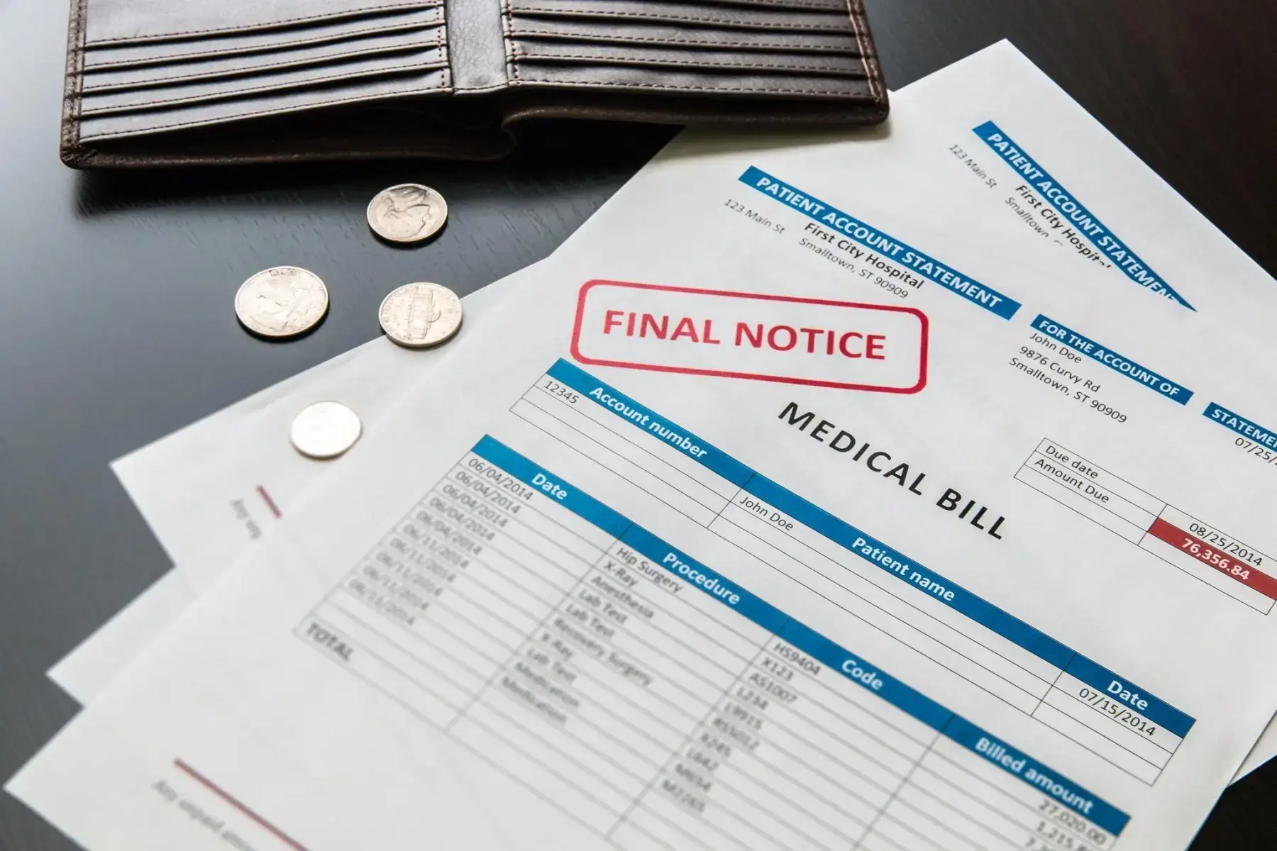 A medical bill stamped Final Notice beside coins and a wallet.