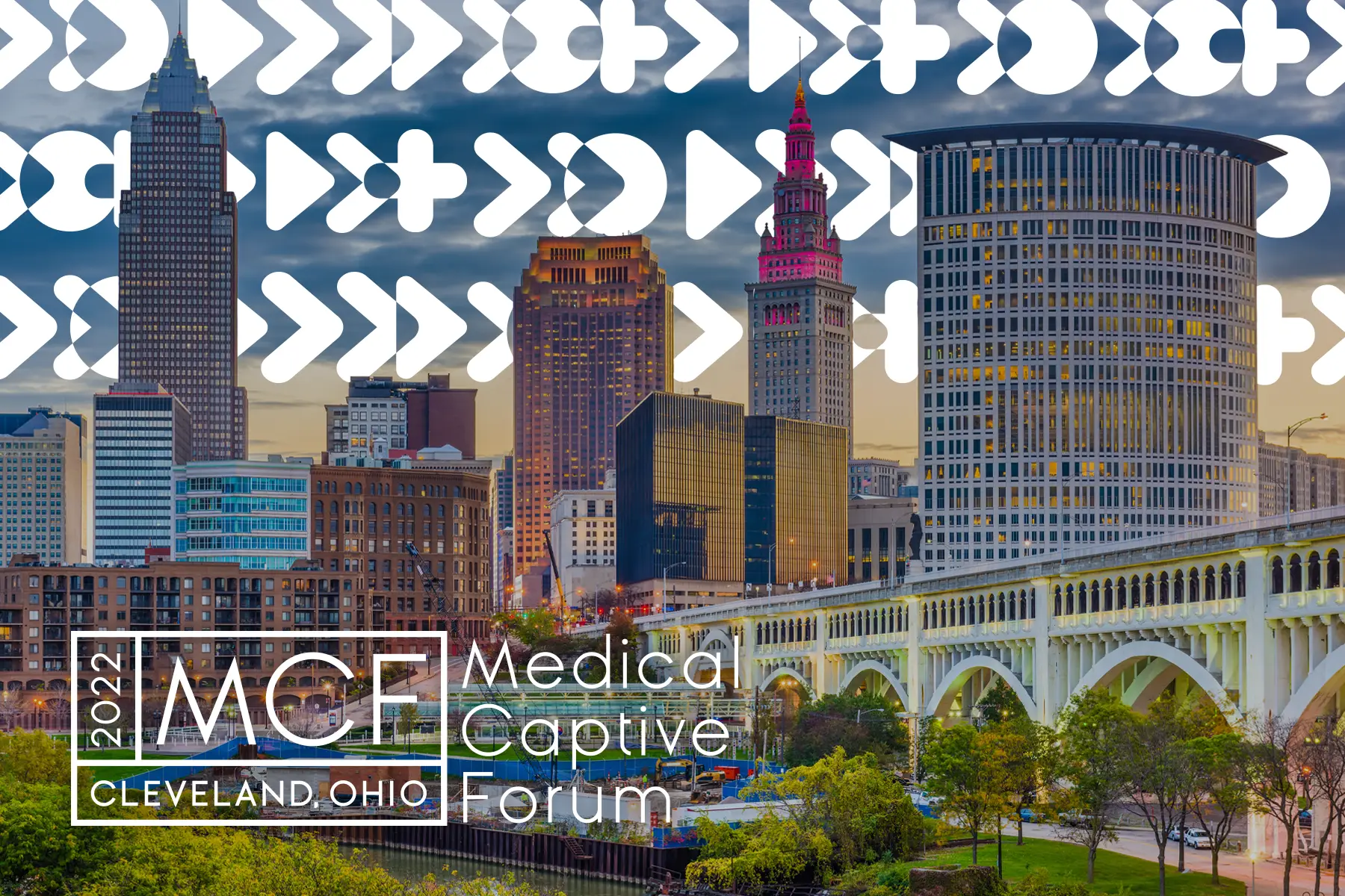 Promotional graphic for the 2022 Medical Captive Forum in Cleveland, Ohio, with the city skyline.