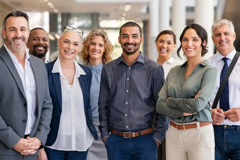 A diverse group of smiling business professionals standing together.