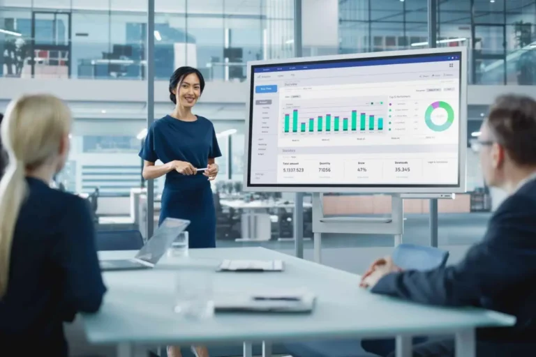 A woman presenting analytics charts on a large screen to colleagues in a boardroom.