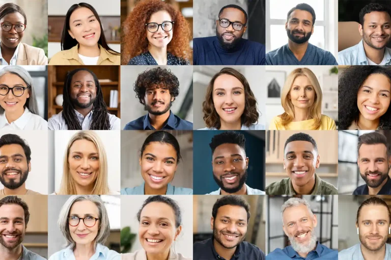A grid collage of headshots of diverse, smiling people.