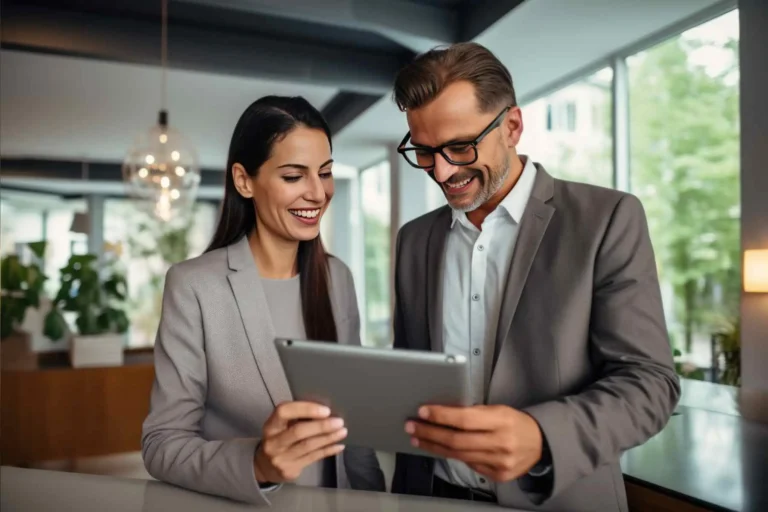 A businesswoman and businessman smiling while looking at a tablet together in an office.