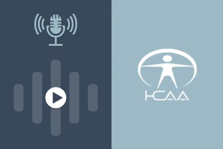 Podcast graphic with a microphone and play button beside the HCAA logo.