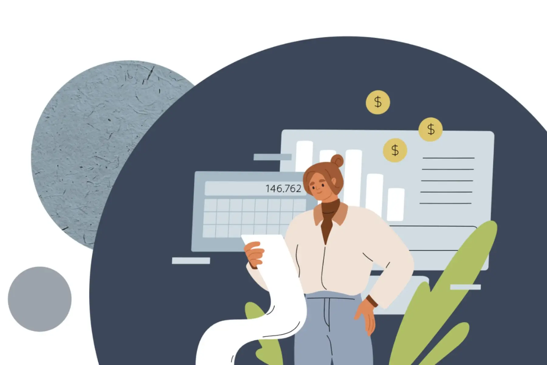 Illustration of a woman reviewing a long financial statement in front of a dashboard of charts and dollar signs.
