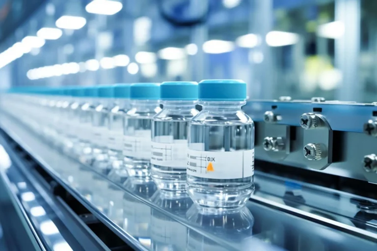Rows of glass medicine vials moving along a pharmaceutical production line.