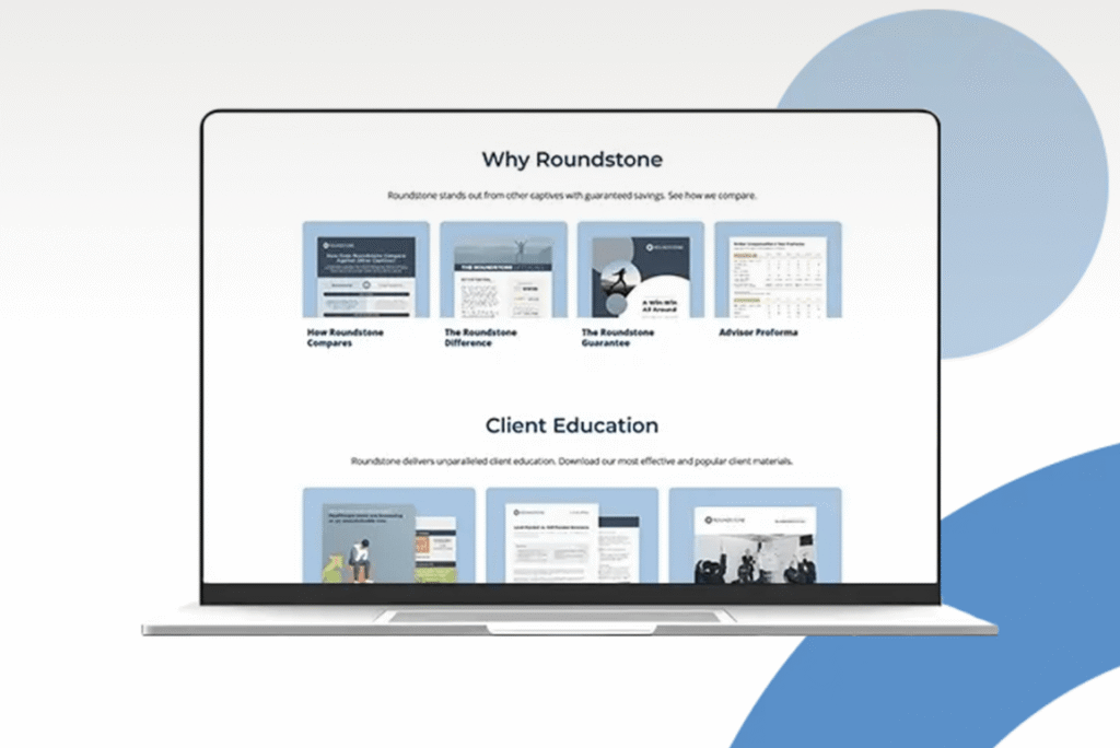 Roundstone ecosystem diagram connecting Advisor, Employer, Roundstone Group Captive and Stop Loss Insurance, third-party administrator with provider network and pharmacy benefits manager, and cost containment solutions