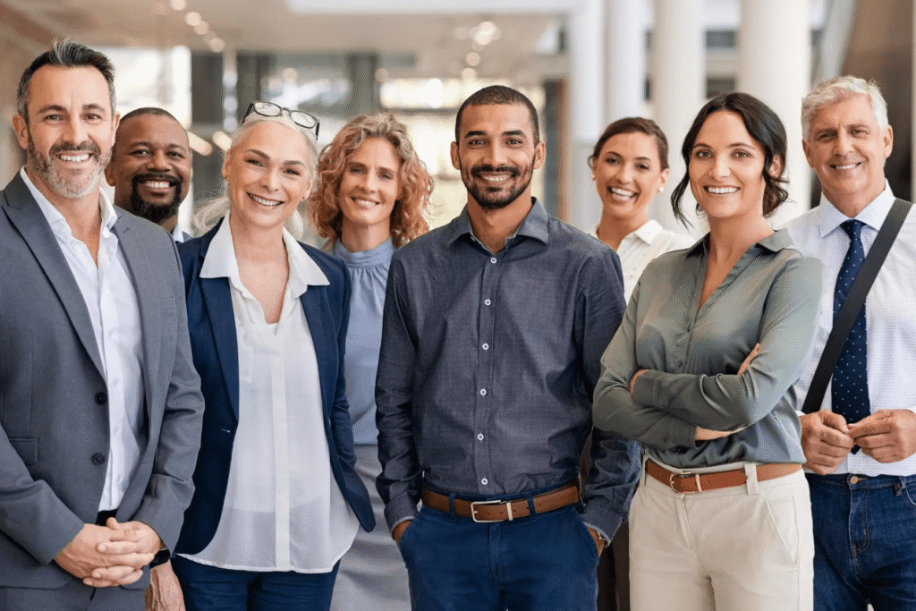 A diverse group of business professionals standing together and smiling