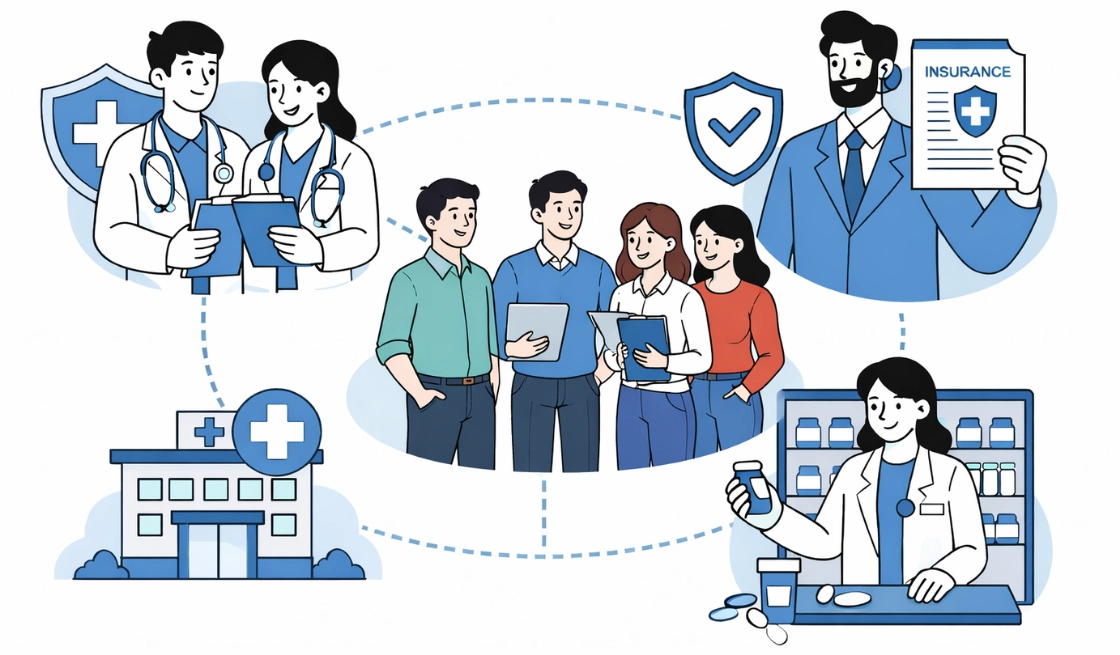 Illustration of a healthcare ecosystem connecting patients and families with doctors, a hospital, and a pharmacy.