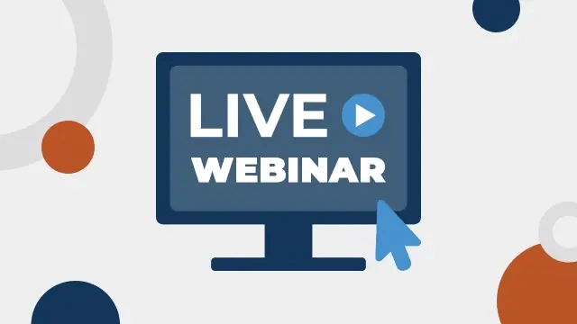 Live Webinar graphic with a desktop monitor, play button, and cursor