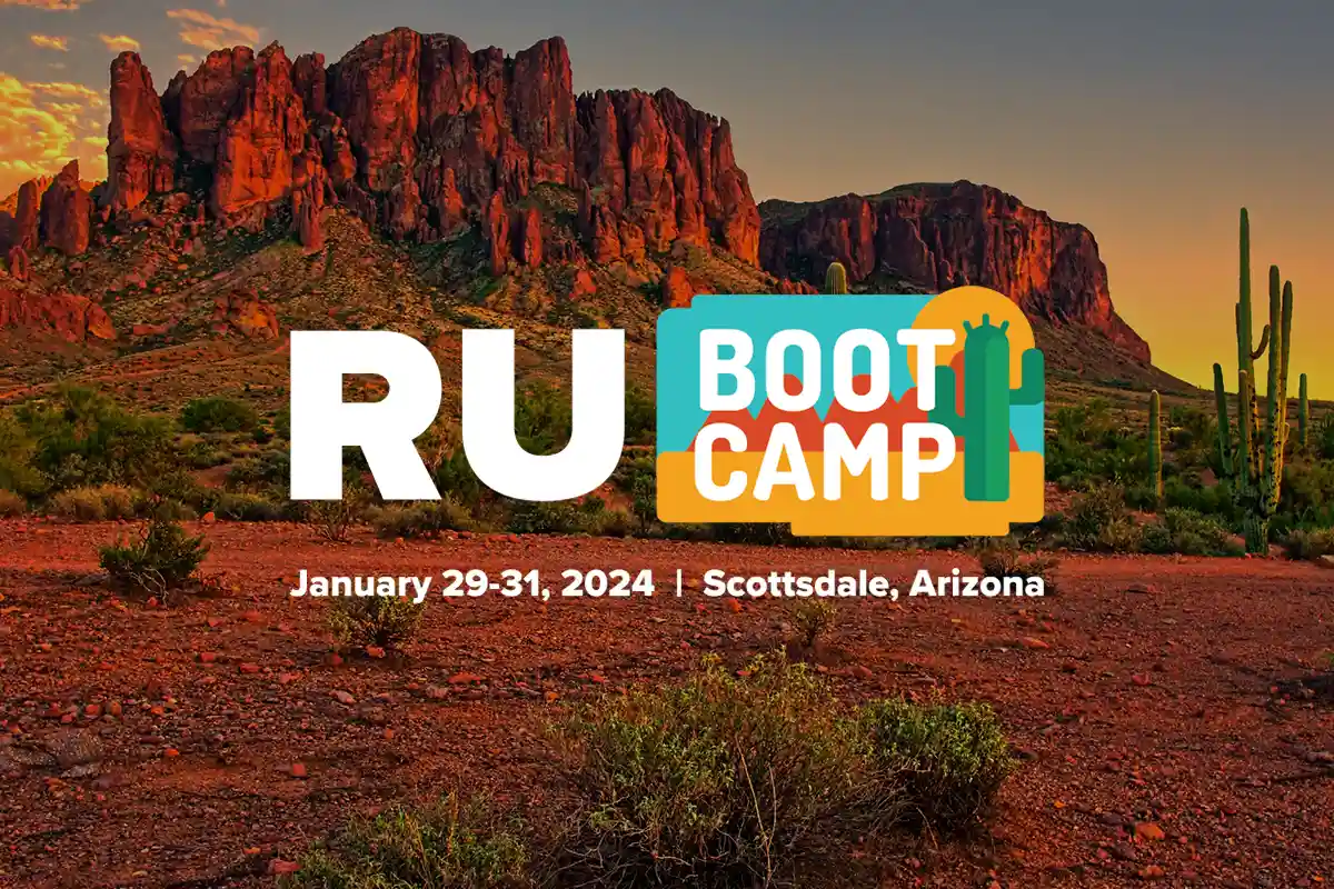 Event graphic for RU Boot Camp, January 29 to 31, 2024, in Scottsdale, Arizona, with a desert landscape.
