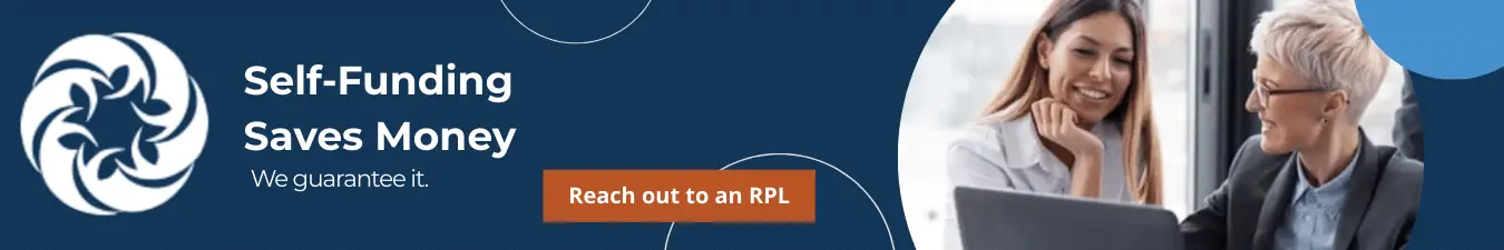 Banner highlighting cost savings with self-funding, featuring two professionals discussing