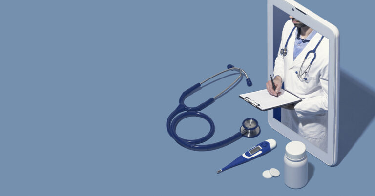 Illustration of a doctor emerging from a tablet screen with a stethoscope, thermometer, and medication, representing telemedicine.
