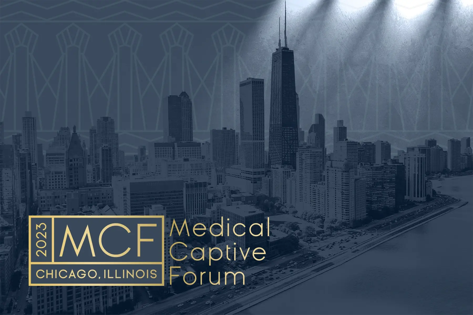 Promotional graphic for the 2023 Medical Captive Forum in Chicago, Illinois, with the city skyline.