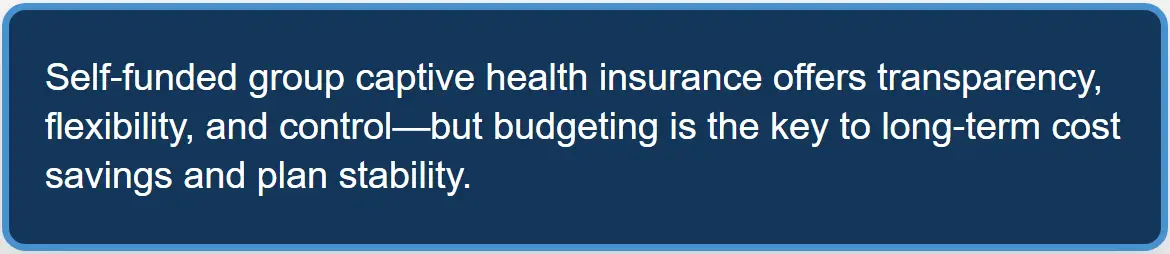 Text about self-funded group captive health insurance benefits and budgeting importance