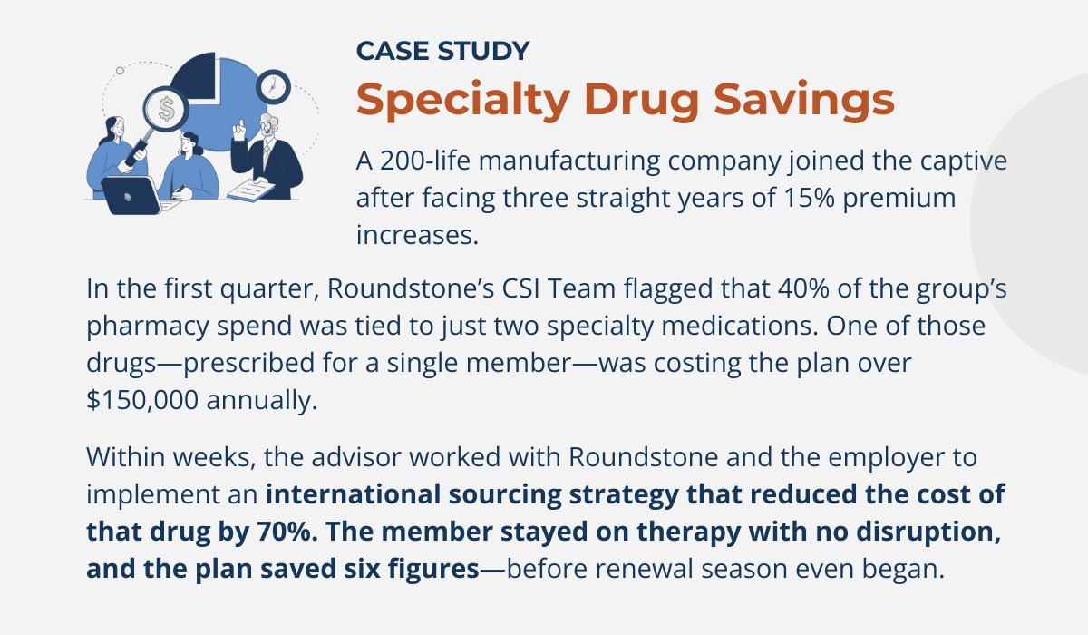 Case study on specialty drug savings for a 200-life company reducing $150,000 annual drug cost per member