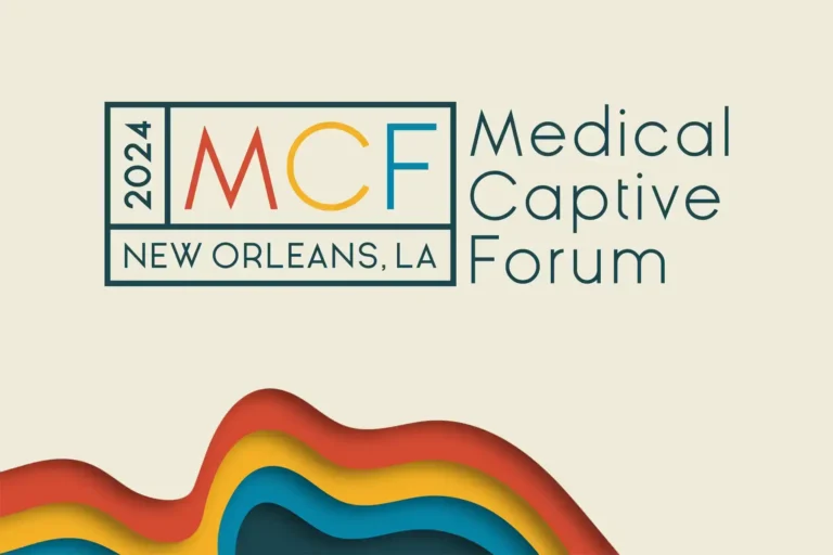 Promotional graphic for the 2024 Medical Captive Forum in New Orleans, Louisiana, with colorful layered paper waves.
