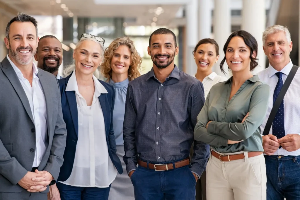 Smiling diverse business team of eight standing in a modern office atrium