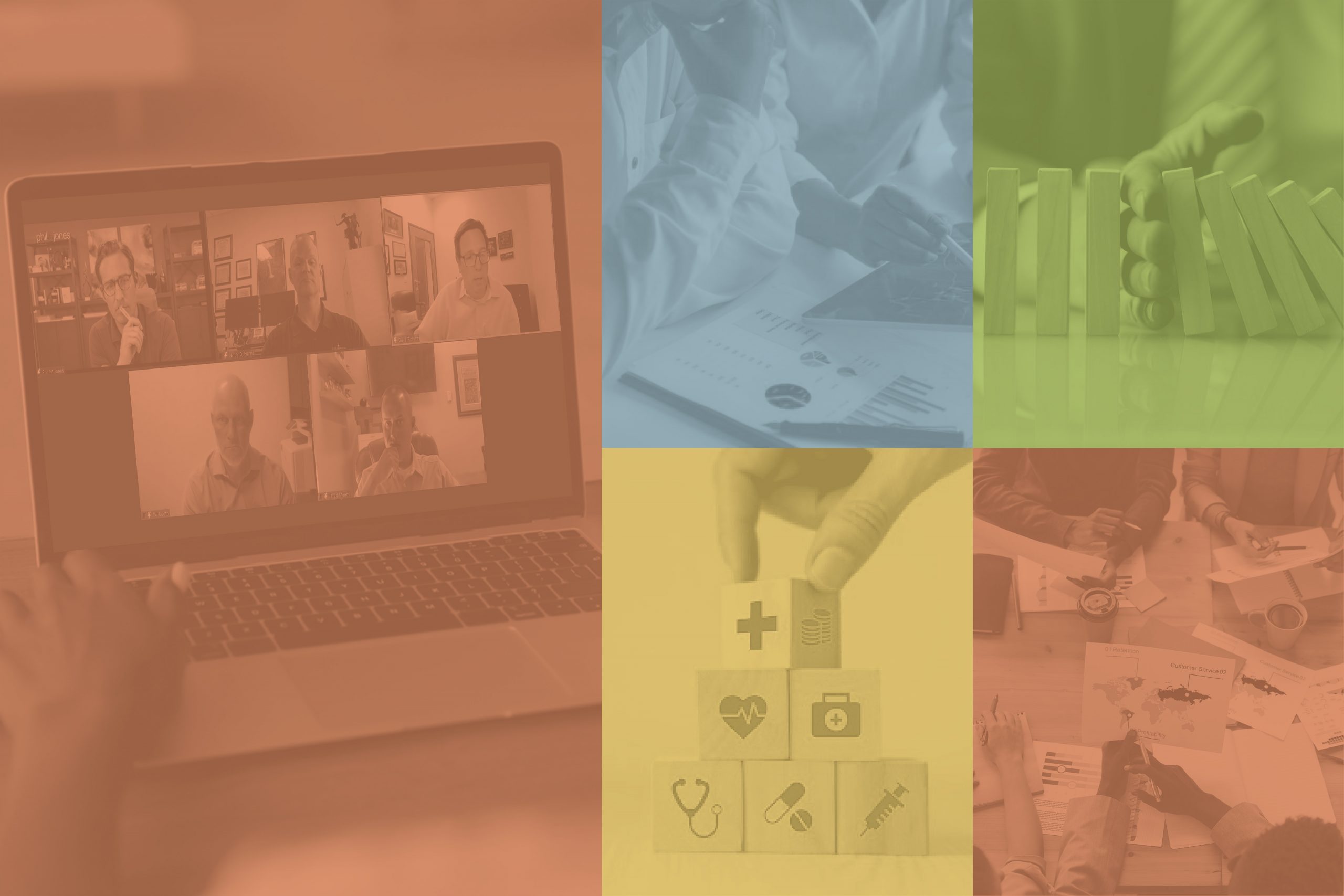 A collage of telehealth and healthcare images with colorful overlay blocks.