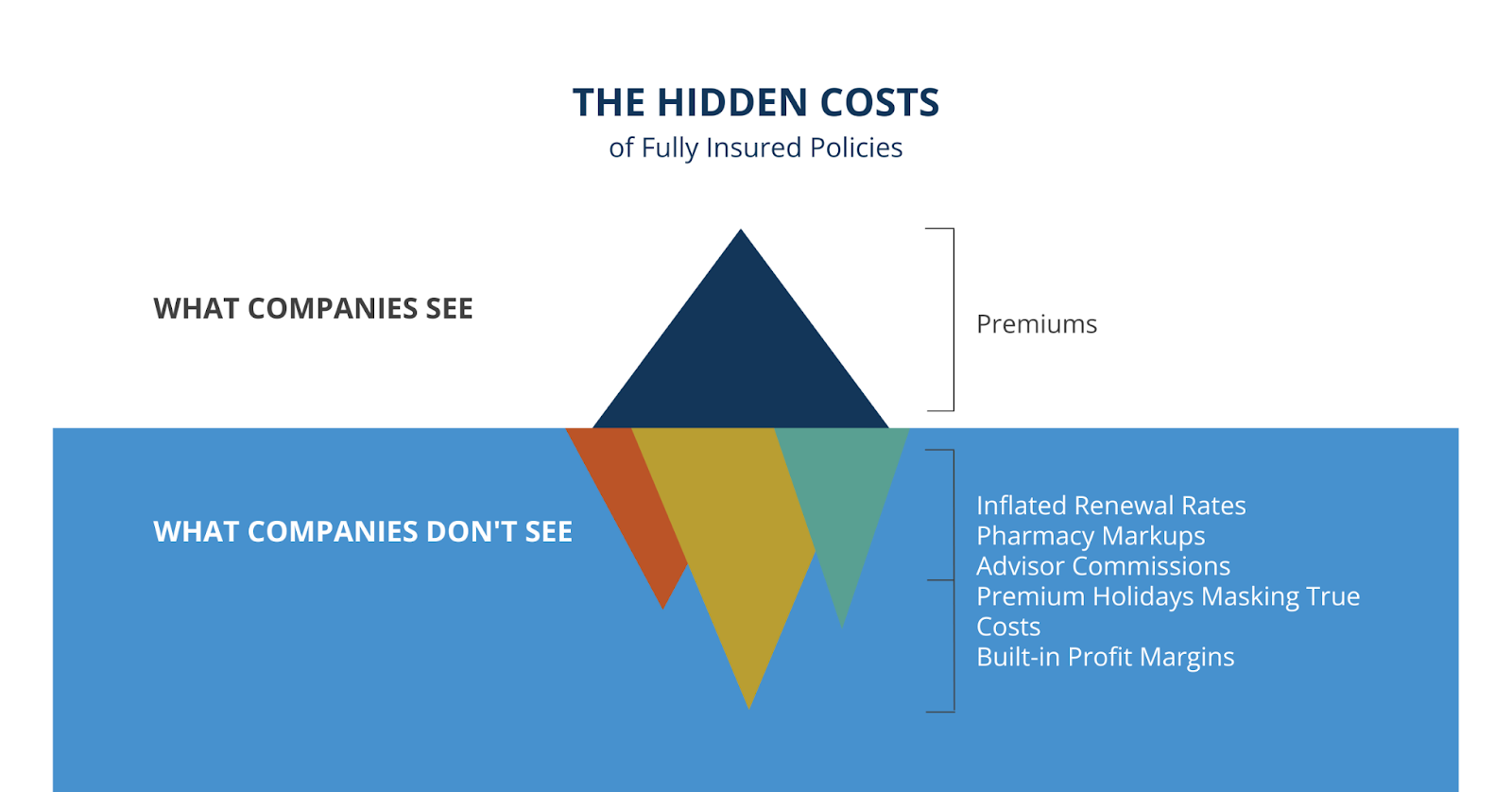 An iceberg representing the hidden costs of fully insured policies.