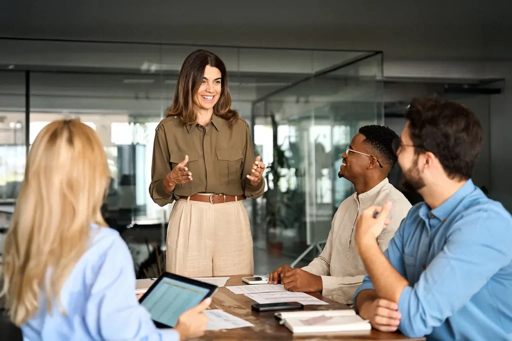 A group of engaged employees having a meeting