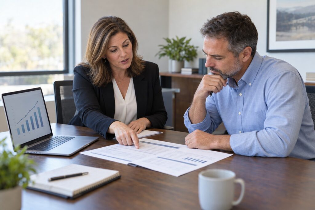 Financial advisor reviews growth report with client at office conference table.